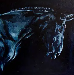 Anna Ewa Jarosz, Черный конь в конюшне, Масляная картина - холст, плита, 40 x 30