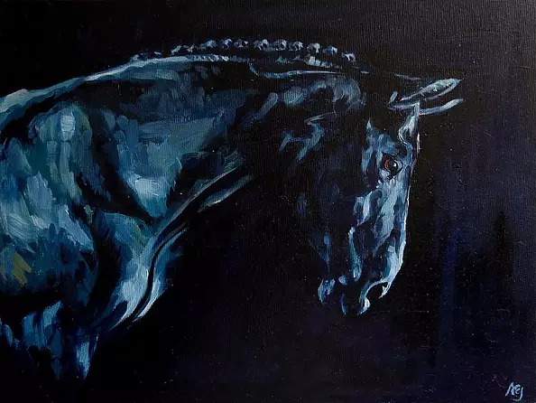 Anna Ewa Jarosz - Black horse in the stable
