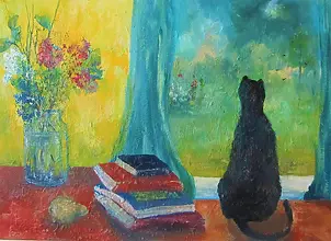 Barbara Przyborowska - Black cat by the window