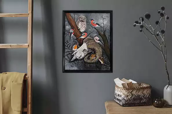 Agnieszka Mantaj - Czaszka muflona i ptaki