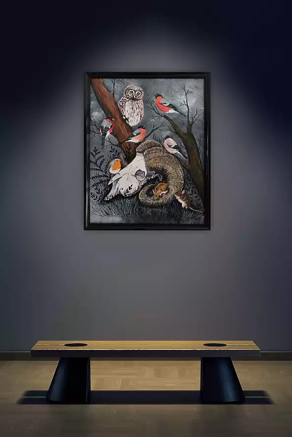 Agnieszka Mantaj - Czaszka muflona i ptaki