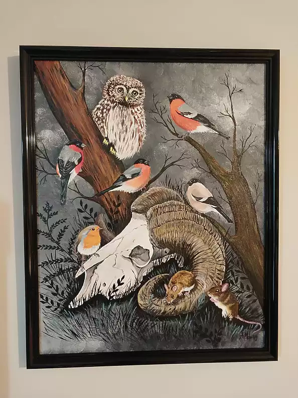 Agnieszka Mantaj - Czaszka muflona i ptaki