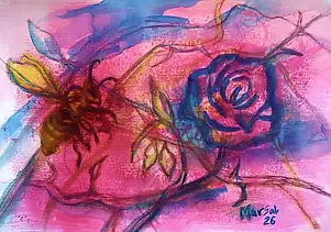 Marzena Salwowska, Warten auf die Früchte der fleißigen Bienenarbeit/Gras und Blume, Aquarelle, Tinte - Papier, 42 x 30