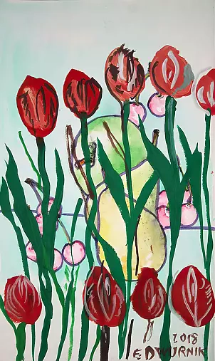 Edward Dwurnik - Czerwone Tulipany - AKWARELA