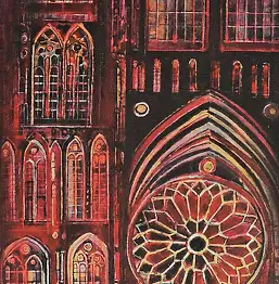 Gabriela Trynkler, La ville rouge, Peinture à l'huile - toile, 32 x 130