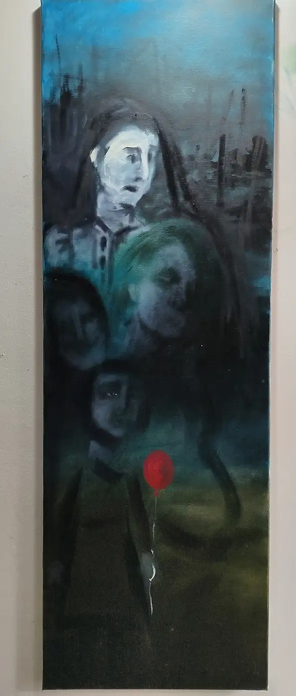 barbara Dybala, Red balloon, Oil painting - canvas, 40 x 120