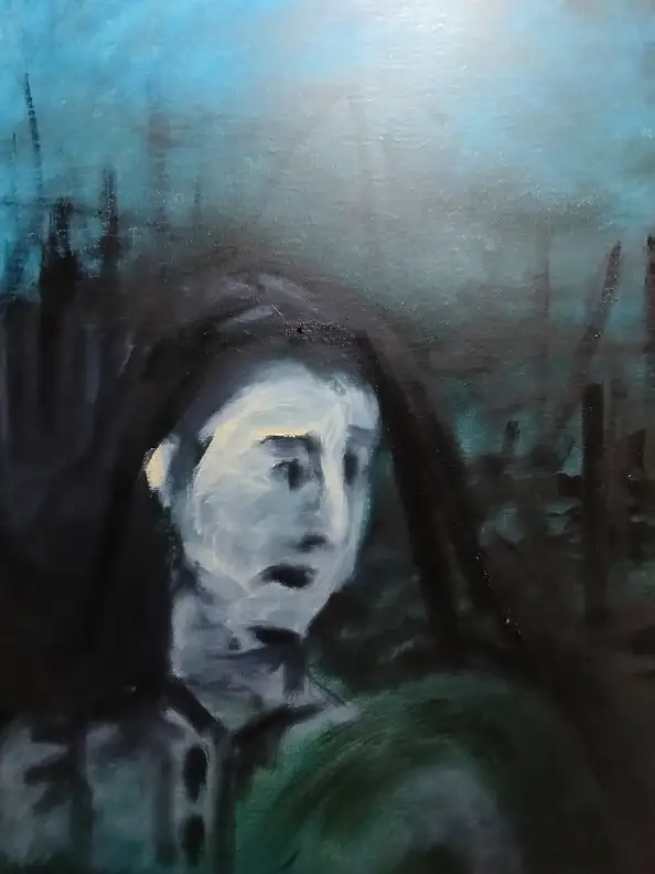 barbara Dybala, Red balloon, Oil painting - canvas, 40 x 120