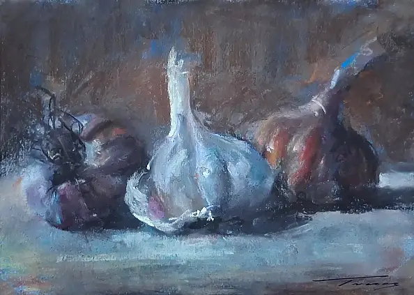 Krzysztof Tracz, Knoblauch, Ölbild - Papier, 22 x 16