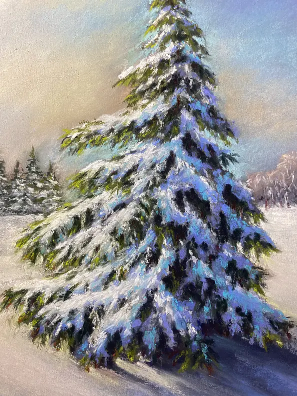 Yana Yeremenko - « ÉPICÉA DANSANT », dessin au pastel, paysage d'hiver