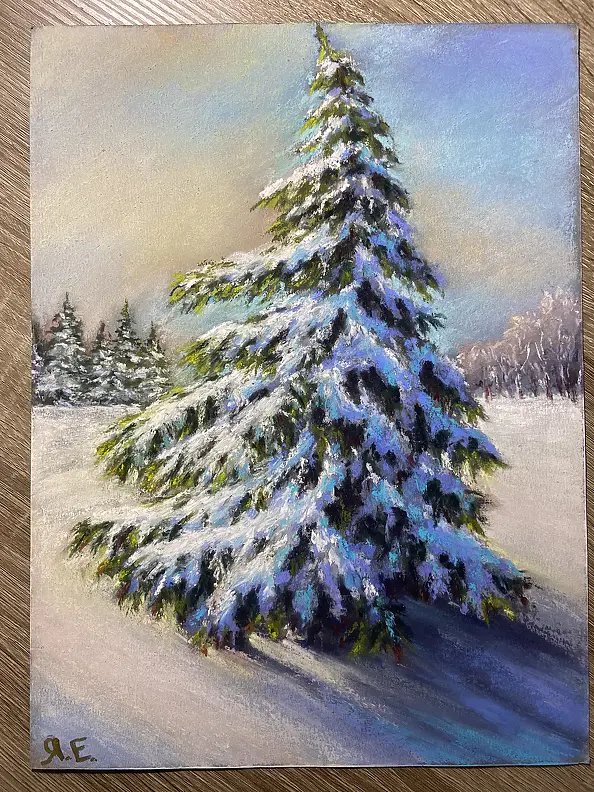 Yana Yeremenko - « ÉPICÉA DANSANT », dessin au pastel, paysage d'hiver