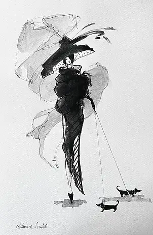 Adriana Laube, "Lady with Dachshunds", Watercolors, Other - paper, 30 x 42
