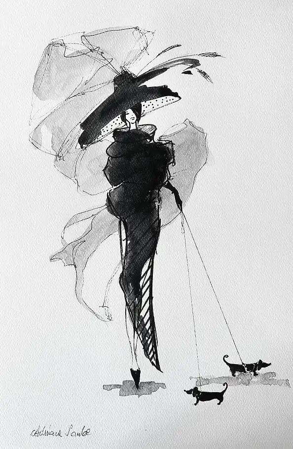 Adriana Laube, "Lady with Dachshunds", Watercolors, Other - paper, 30 x 42