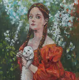 Michał Baca, Dama z łasiczką, Obraz olejny - płótno, 50 x 50