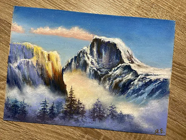 Yana Yeremenko - "Dawn in the Mountains." Mountain landscape. Pastel painting