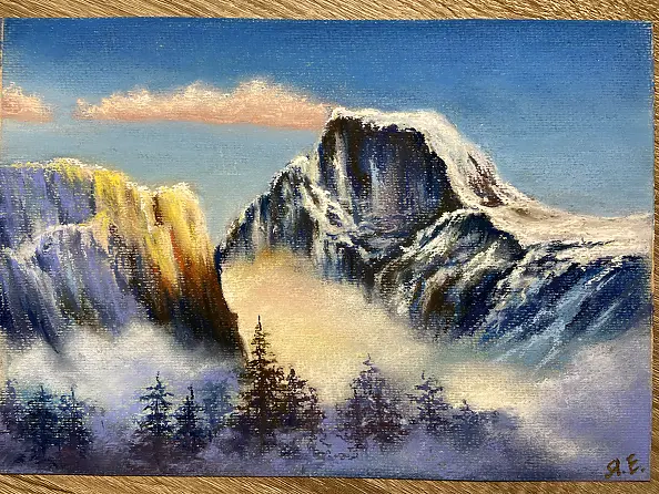Yana Yeremenko - "Dawn in the Mountains." Mountain landscape. Pastel painting