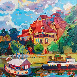 Anastasiia Kurkova, Dom nad wodą, Obraz olejny - płótno, 40 x 40