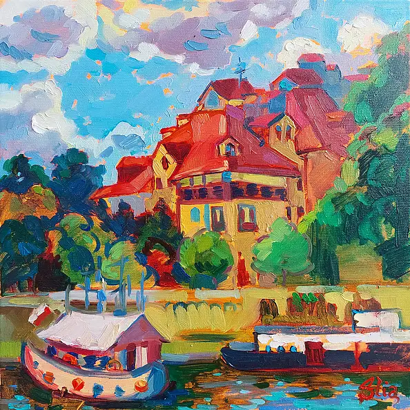 Anastasiia Kurkova, Dom nad wodą, Obraz olejny - płótno, 40 x 40