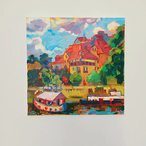 Anastasiia Kurkova, Dom nad wodą, Obraz olejny - płótno, 40 x 40