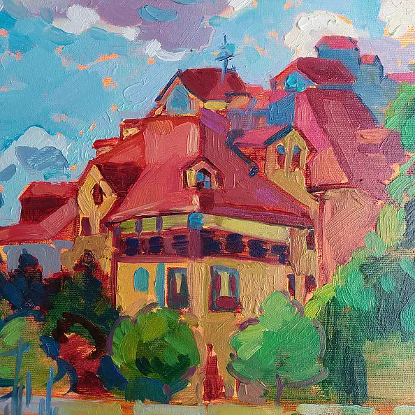 Anastasiia Kurkova, Dom nad wodą, Obraz olejny - płótno, 40 x 40