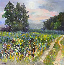 Maria Dziopak, Drogą wśród słoneczników, Obraz akrylowy - płótno, 100 x 100