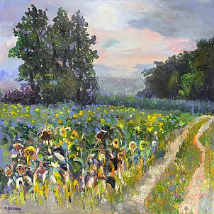 Maria Dziopak, Un sentiero tra i girasoli, Quadro ad acrilico - tela, 100 x 100