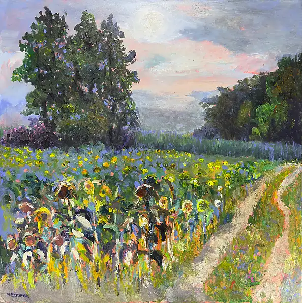 Maria Dziopak, Un sentiero tra i girasoli, Quadro ad acrilico - tela, 100 x 100