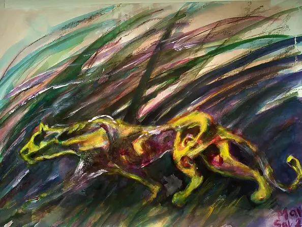 Marzena Salwowska, Duży kot w wysokiej trawie, Obraz akrylowy, Tusz - papier, 42 x 30