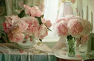   - Two bouquets of peonies