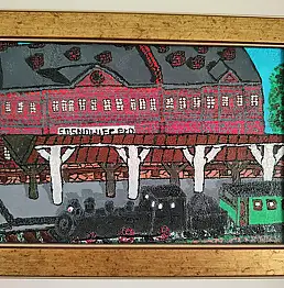 Michał Otręba, Dworzec południowy w Sosnowcu z parowozem, Akwarele - płótno, 40 x 30