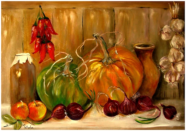 Grażyna Potocka - Autumn pumpkins oil painting 48cm-68cmcm