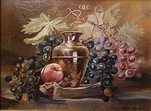 Jerzy Krok, „Der Krug und die Trauben“, Ölbild - Leinwand, 40 x 30