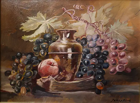 Jerzy Krok, „Der Krug und die Trauben“, Ölbild - Leinwand, 40 x 30