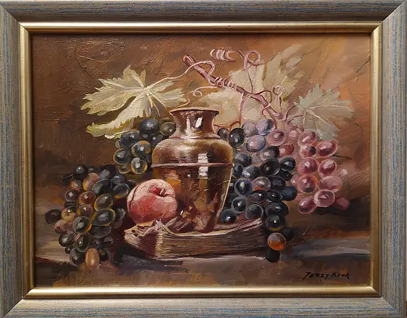 Jerzy Krok, „Der Krug und die Trauben“, Ölbild - Leinwand, 40 x 30