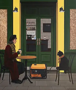 Nataliya Bagatskaya, Laufen mit Kaffee, Acrylgemälde - Leinwand, 85 x 100