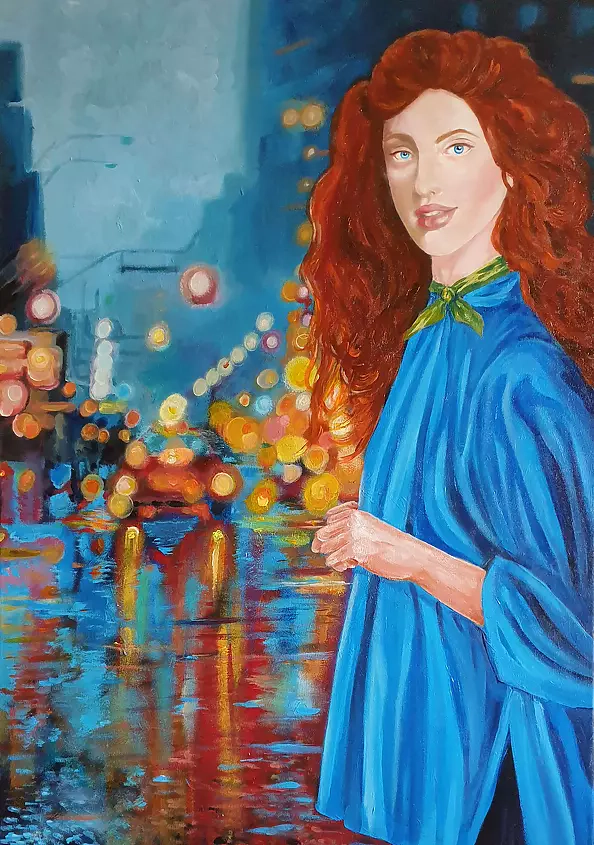 Danuta Kolis - Acrylic painting - Girl in a blue cape