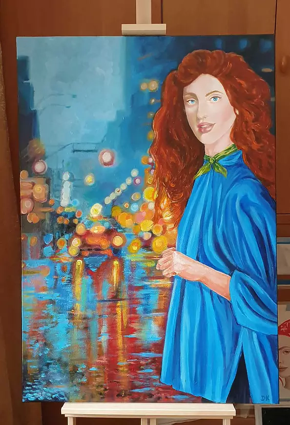 Danuta Kolis - Acrylic painting - Girl in a blue cape