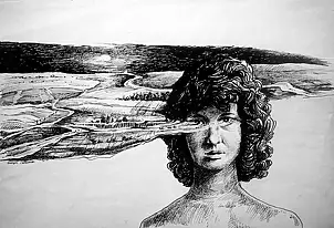 Grzegorz Ziółkowski, Dziewczyna w pejzażu, Tusz - papier, 51 x 31