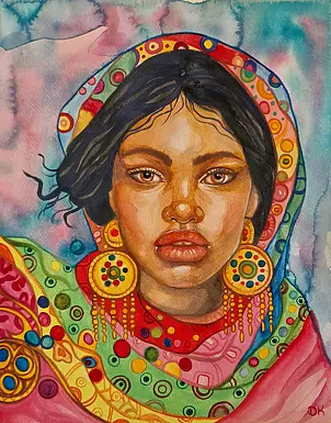 Danuta Kolis - Girl with gold earrings, watercolor