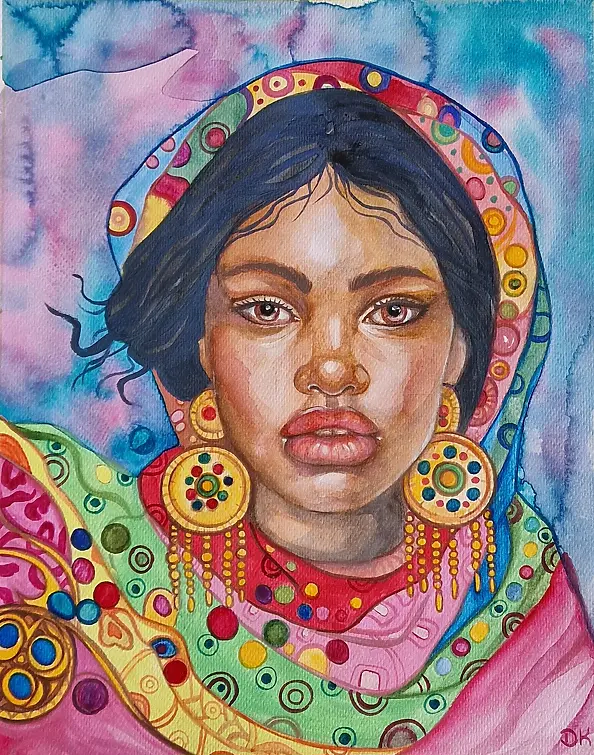Danuta Kolis - Ragazza con orecchini d'oro, acquerello