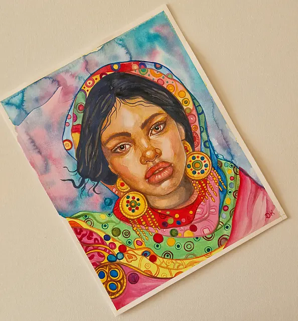 Danuta Kolis - Ragazza con orecchini d'oro, acquerello