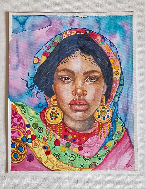 Danuta Kolis - Ragazza con orecchini d'oro, acquerello