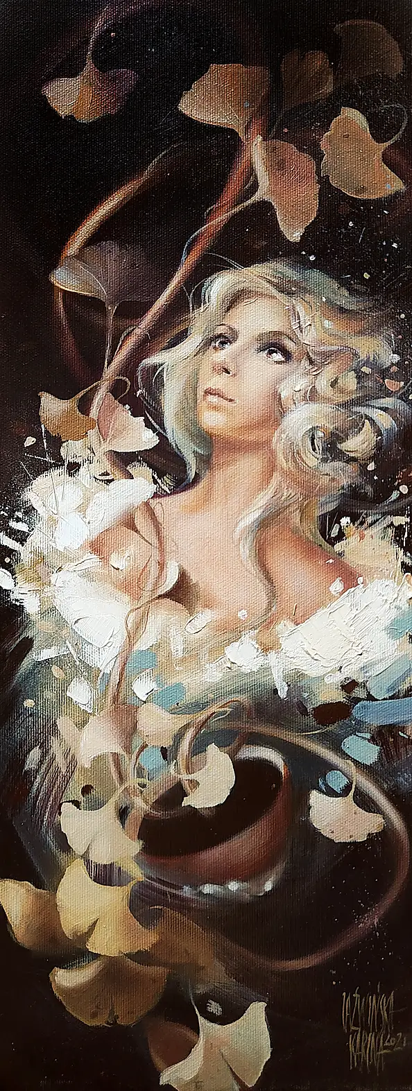 Karina Jaźwińska, Girl with Ginkgo, Oil painting - canvas, 20 x 50