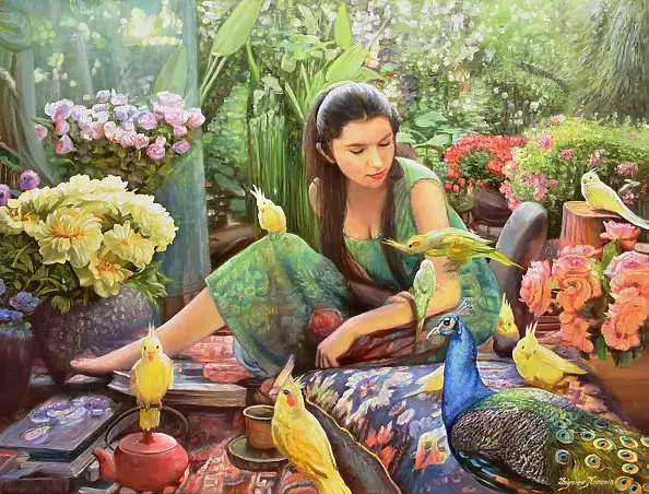 Zbigniew Kopania - Girl with parrots