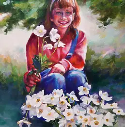 Barbara Gulbinowicz, Девочка с анемонами, Масляная картина - холст, 60 x 75