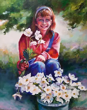 Barbara Gulbinowicz, Ragazza con gli anemoni, Quadro a olio - tela, 60 x 75