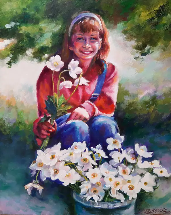 Barbara Gulbinowicz, Ragazza con gli anemoni, Quadro a olio - tela, 60 x 75