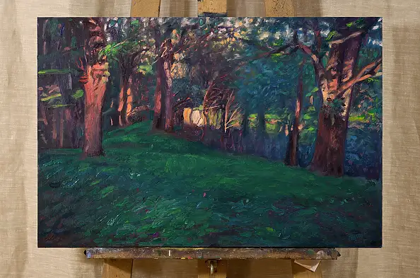 Wojciech Pater, Luoghi selvaggi IV - Crepuscolo nella foresta, Quadro a olio - pannello, 60 x 40