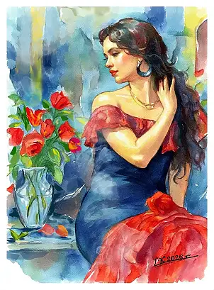 Teresa Kopańska, « L'Écho des Roses », Aquarelle, gouache - , 16 x 30