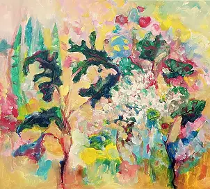 Renata Łempicka, jardin exotique, Peinture acrylique - toile, 90 x 80