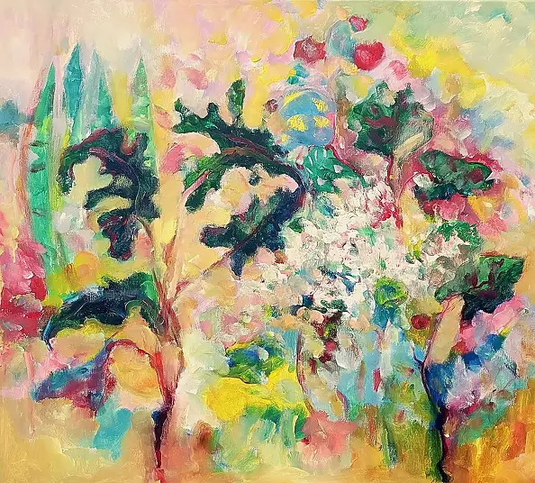 Renata Łempicka, jardin exotique, Peinture acrylique - toile, 90 x 80